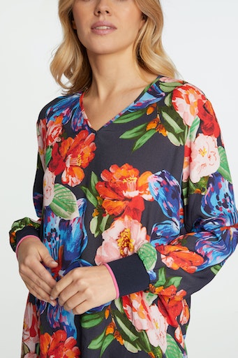 Printed V-Neck Blouse With Knit Cuf